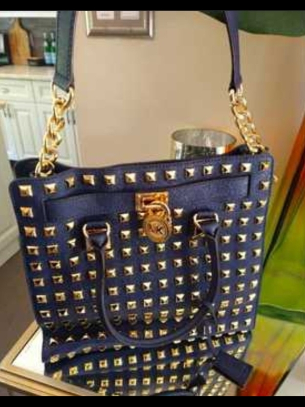Michael Kors Navy Hamilton Limited Tote with Gold Pyramid Studs - Picture 5 of 6